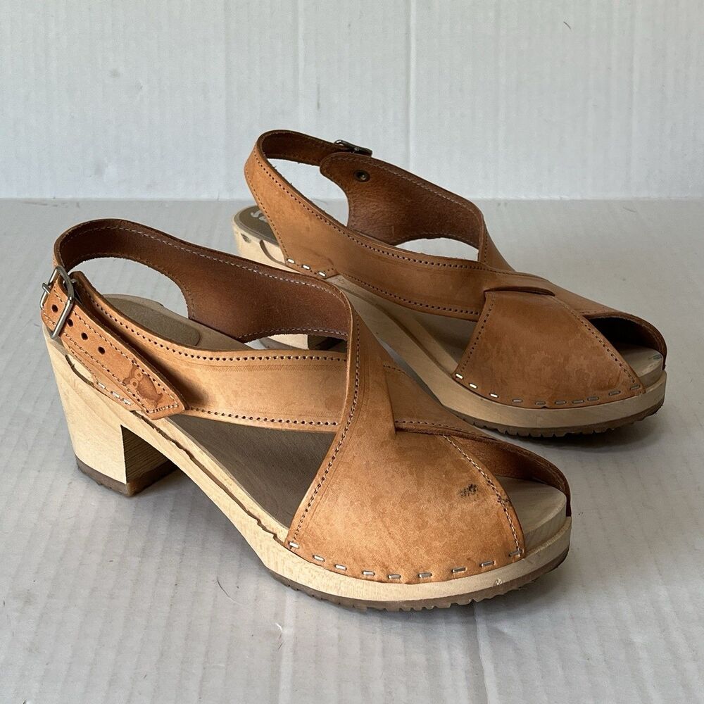 Sandgrens Morocco Crossed Open Toe Swedish Clog Sandals Wooden/Leather 40 9-9.5
